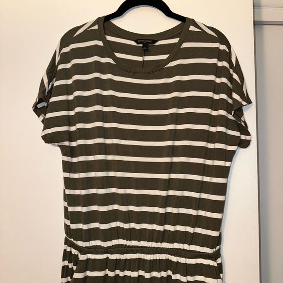 Banana Republic Olive Green Striped Elastic Waist Stretch Dress Medium EUC - Picture 3 of 9